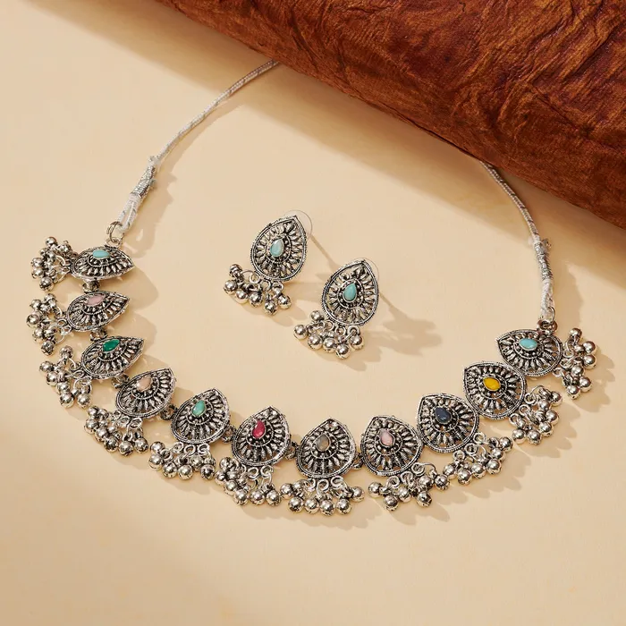 Teejh Necklaces Teejh Odhani Multicolored Silver Oxidised Necklace Set