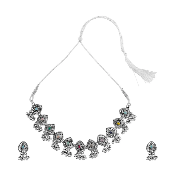 Teejh Necklaces Teejh Odhani Multicolored Silver Oxidised Necklace Set
