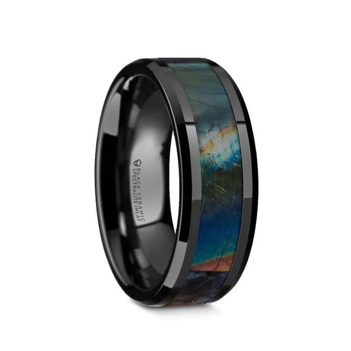 Black Ceramic Spectrolite Inlay Polished Finish Band with Beveled Edges Mens Bands Rings Black Ceramic Spectrolite Inlay Polished Finish Band with Beveled Edges Mens Bands Rings