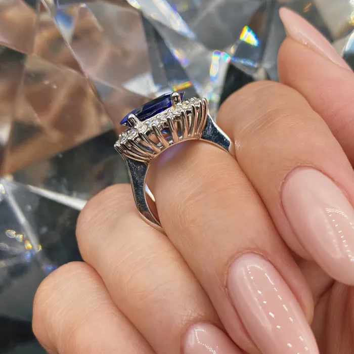Diamond Source NYC Rings Diffused Oval Shape Blue Sapphire Cocktail Diamond Ring Set in 14K White Gold 850ct tw