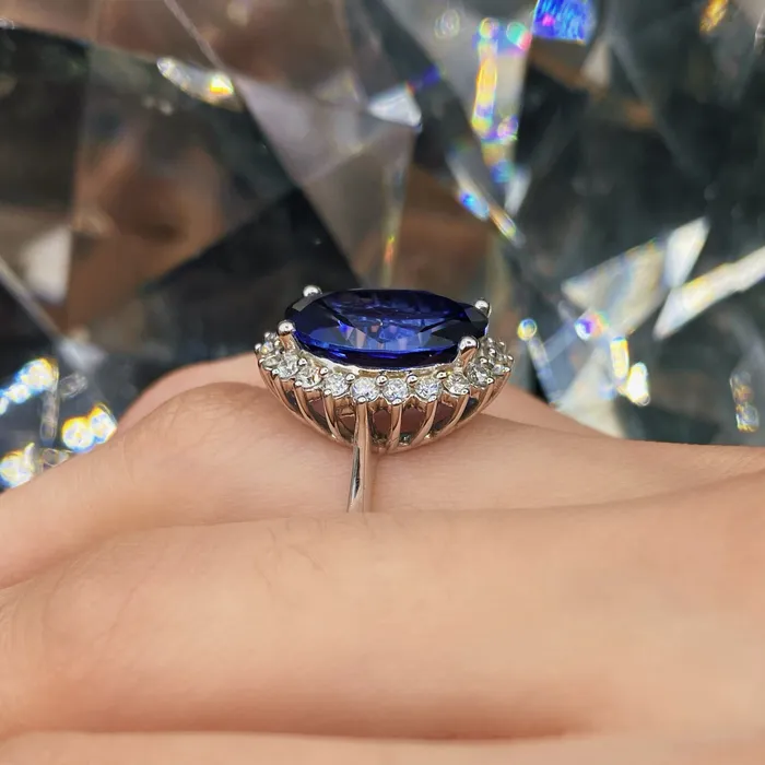 Diamond Source NYC Rings Diffused Oval Shape Blue Sapphire Cocktail Diamond Ring Set in 14K White Gold 850ct tw
