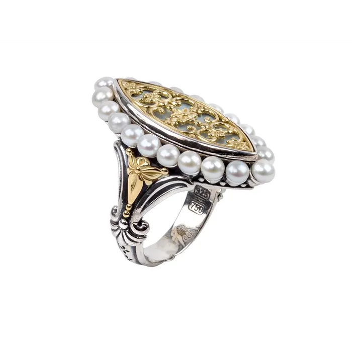 Konstantino Rings Konstantino Hestia Silver and 18K Gold Elongated Marquise Ring with Mother of Pearl and Pearls