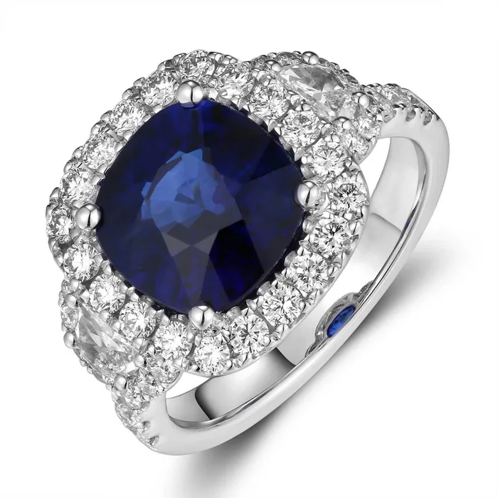 Meierotto Jewelers 18K White Gold Cushion Sapphire and Diamond Halo Ring with Half Moon Diamond Sides Rings Meierotto Jewelers 18K White Gold Cushion Sapphire and Diamond Halo Ring with Half Moon Diamond Sides Rings