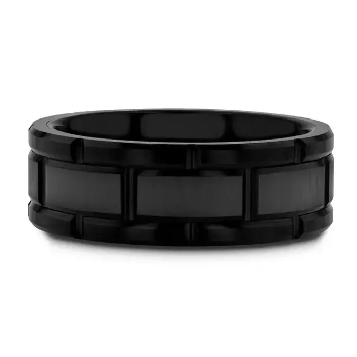 Mens Bands Rings Beveled Black Tungsten Carbide 8mm Band with Brushed Center and Alternating Grooves Mens Bands Rings Beveled Black Tungsten Carbide 8mm Band with Brushed Center and Alternating Grooves