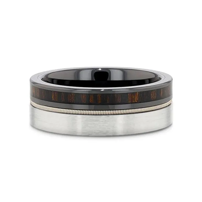 Mens Bands Rings Tungsten and Black Ceramic Hybird Ring with Steel Guitar String Ebony Wood and Black Ceramic Interior Mens Bands Rings Tungsten and Black Ceramic Hybird Ring with Steel Guitar String Ebony Wood and Black Ceramic Interior