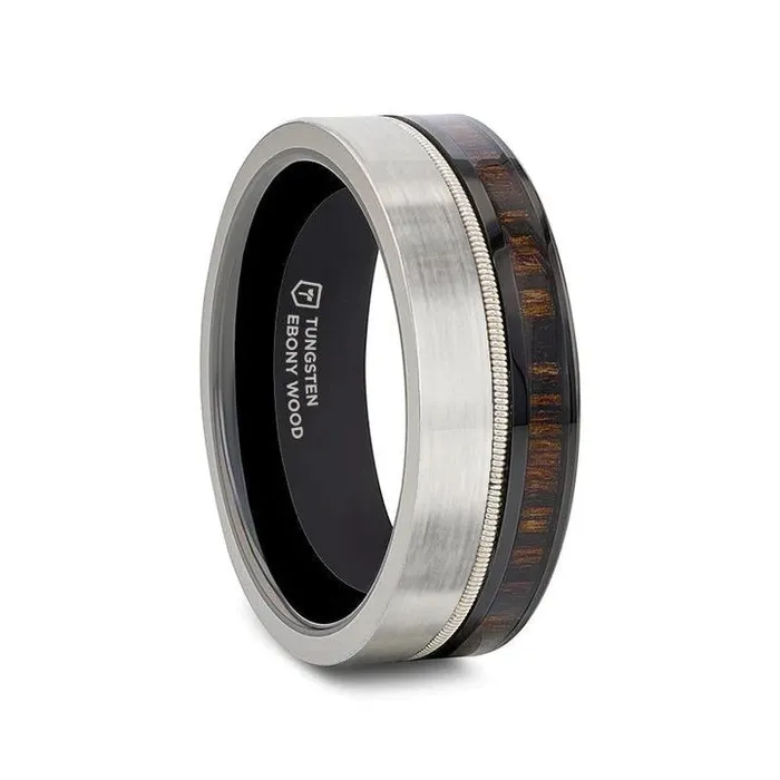 Mens Bands Rings Tungsten and Black Ceramic Hybird Ring with Steel Guitar String Ebony Wood and Black Ceramic Interior Mens Bands Rings Tungsten and Black Ceramic Hybird Ring with Steel Guitar String Ebony Wood and Black Ceramic Interior