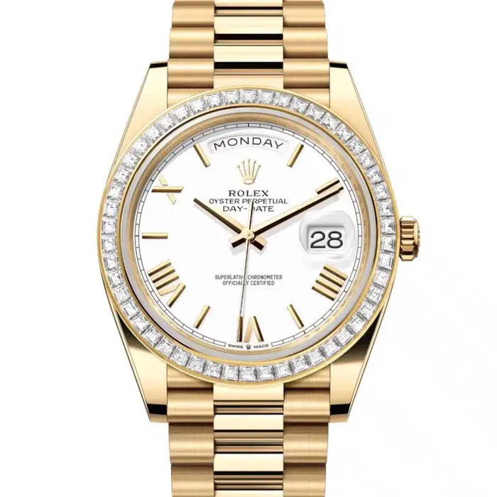 Rolex Bracelets Rolex Day Date 40mm Ref 228398tbr0033 White Roman Dial Diamond Bezel 18K Yellow Gold President Bracelet Mens Watch