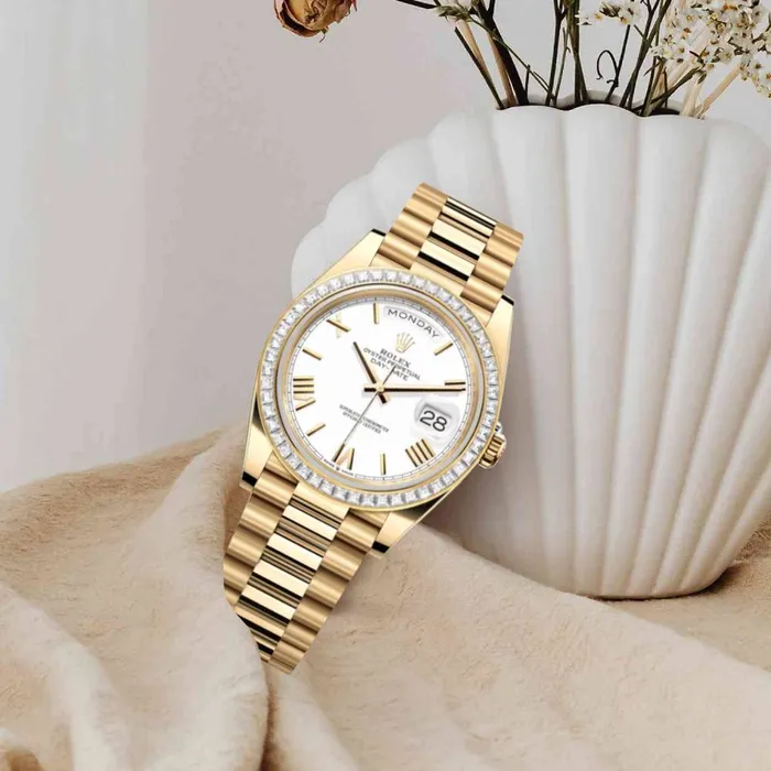 Rolex Bracelets Rolex Day Date 40mm Ref 228398tbr0033 White Roman Dial Diamond Bezel 18K Yellow Gold President Bracelet Mens Watch