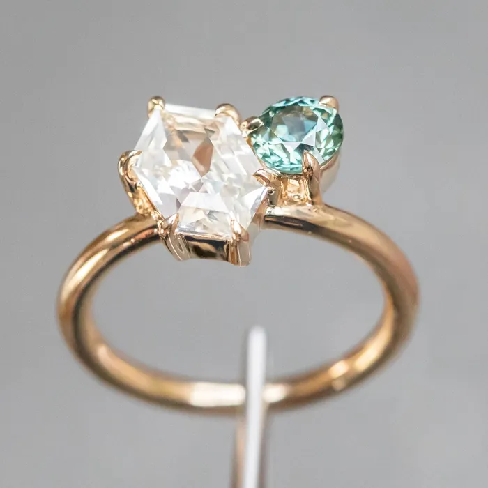 180ct Hexagon Sapphire 069ct Round Montana Sapphire Toi Et Moi Ring in 14k Yellow Gold Anueva Jewelry Rings