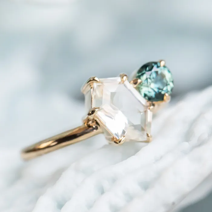180ct Hexagon Sapphire 069ct Round Montana Sapphire Toi Et Moi Ring in 14k Yellow Gold Anueva Jewelry Rings