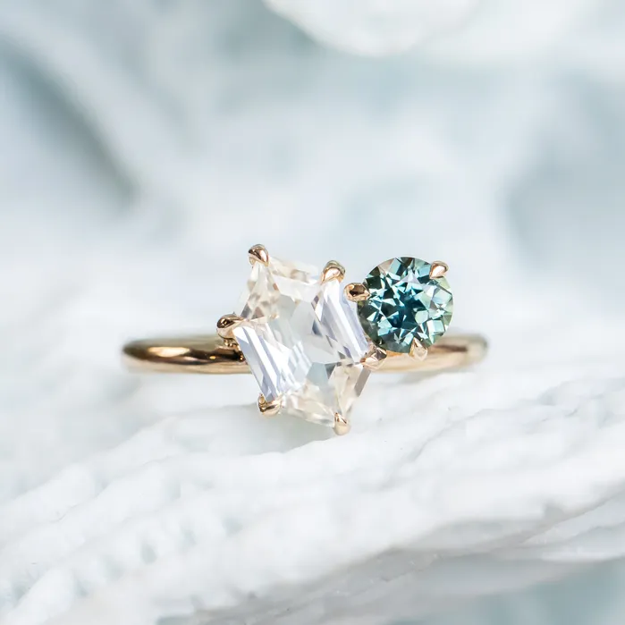 180ct Hexagon Sapphire 069ct Round Montana Sapphire Toi Et Moi Ring in 14k Yellow Gold Anueva Jewelry Rings