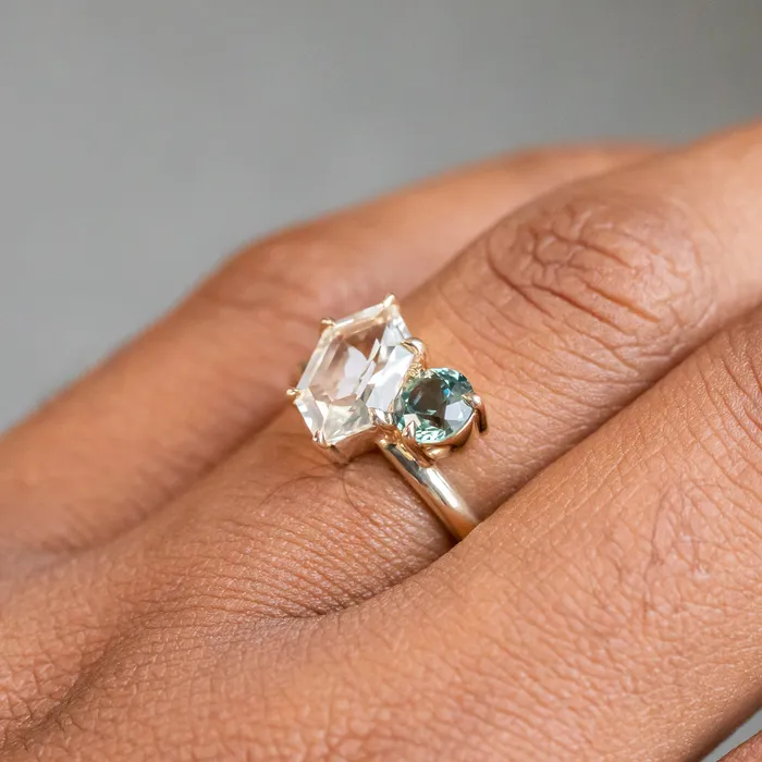 180ct Hexagon Sapphire 069ct Round Montana Sapphire Toi Et Moi Ring in 14k Yellow Gold Anueva Jewelry Rings