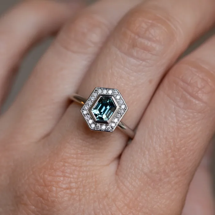 Anueva Jewelry Rings 130ct Hexagon Montana Sapphire Bezel Set Diamond Halo Ring in Platinum
