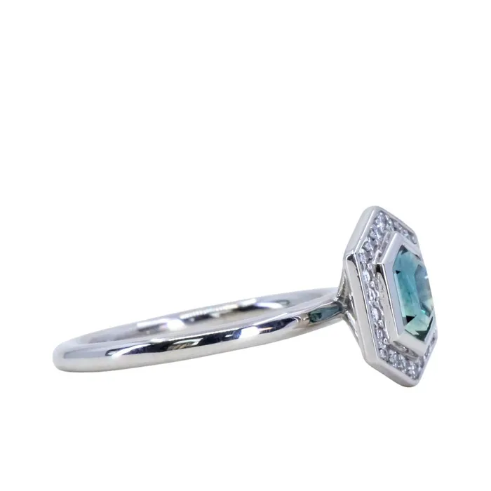 Anueva Jewelry Rings 130ct Hexagon Montana Sapphire Bezel Set Diamond Halo Ring in Platinum
