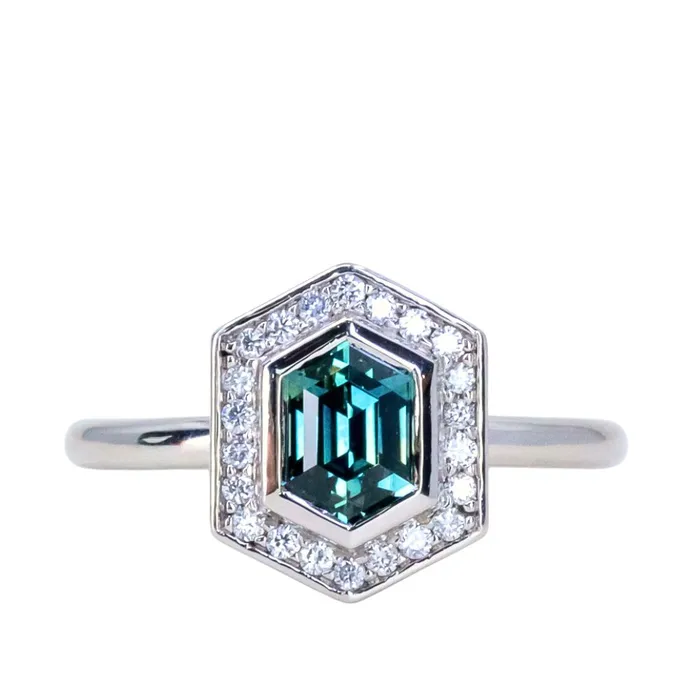 Anueva Jewelry Rings 130ct Hexagon Montana Sapphire Bezel Set Diamond Halo Ring in Platinum