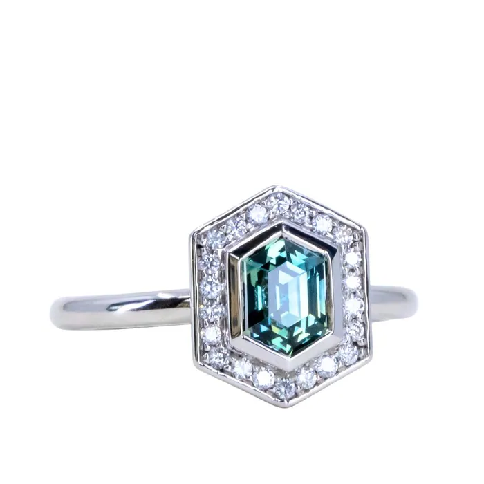 Anueva Jewelry Rings 130ct Hexagon Montana Sapphire Bezel Set Diamond Halo Ring in Platinum