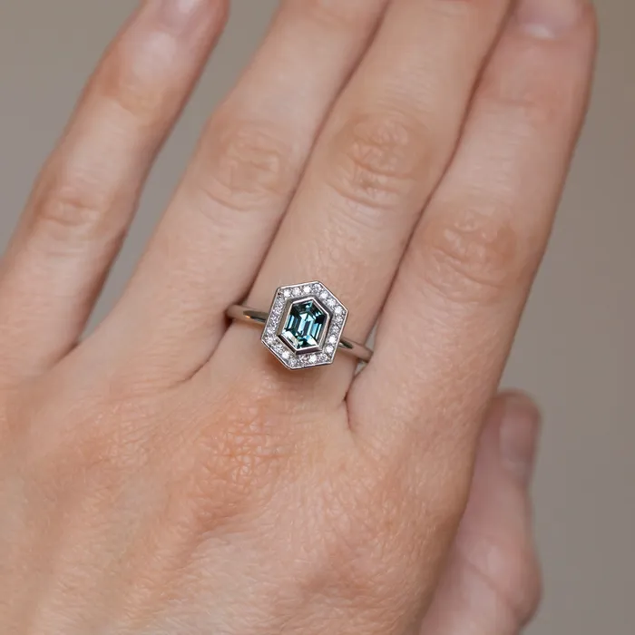 Anueva Jewelry Rings 130ct Hexagon Montana Sapphire Bezel Set Diamond Halo Ring in Platinum