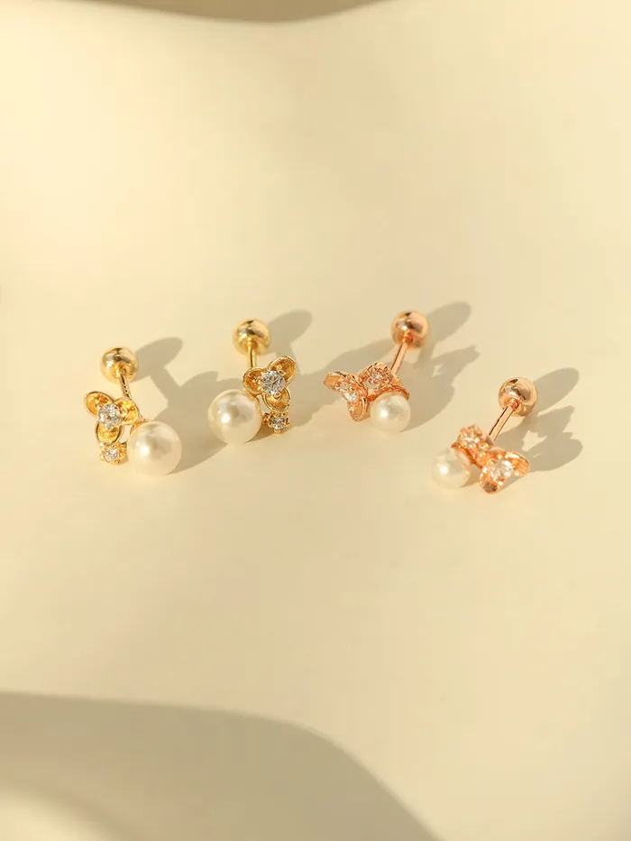Earrings 14K Gold Flower Pearl Piercing Earring 20G18G16G MinimalBijoux
