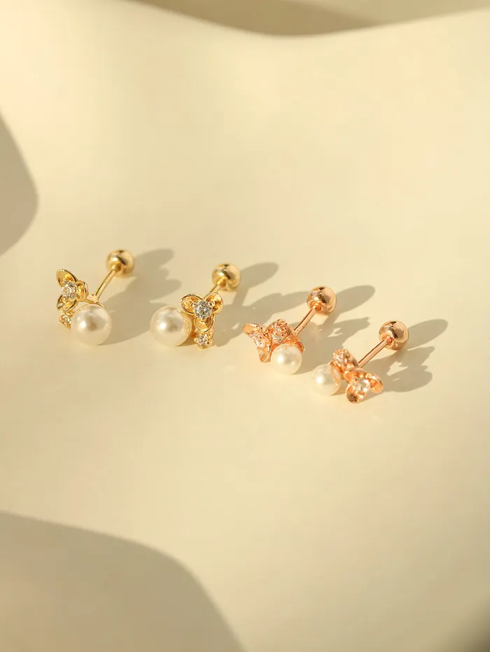 Earrings 14K Gold Flower Pearl Piercing Earring 20G18G16G MinimalBijoux