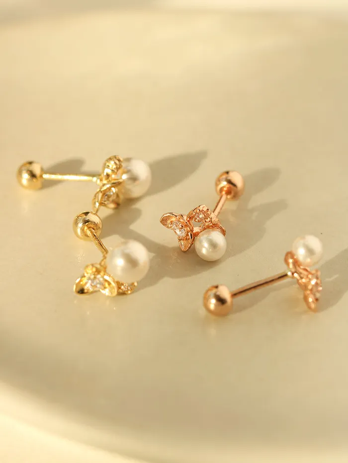 Earrings 14K Gold Flower Pearl Piercing Earring 20G18G16G MinimalBijoux