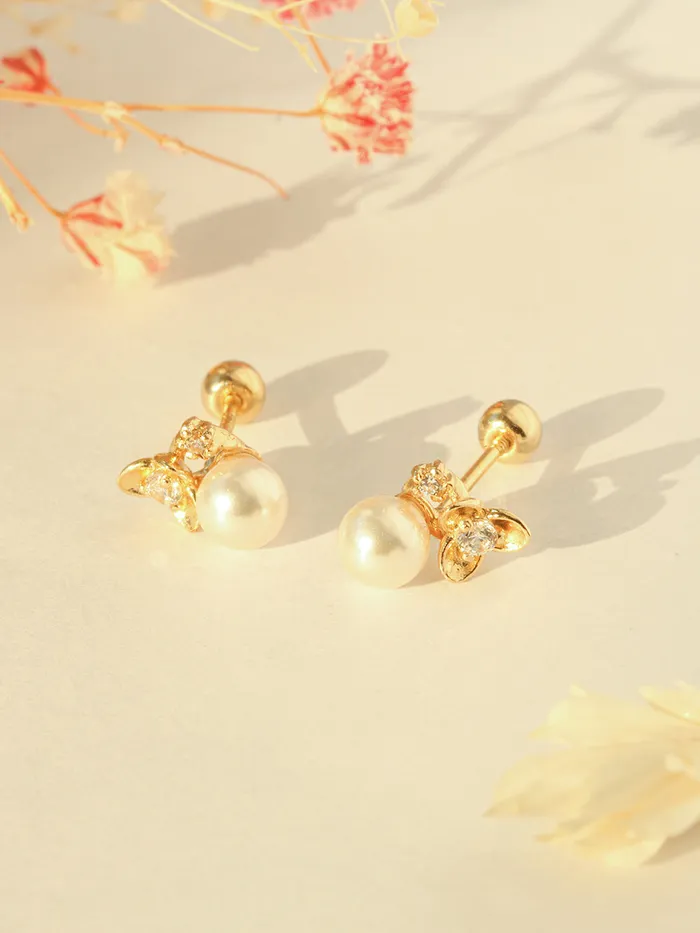 Earrings 14K Gold Flower Pearl Piercing Earring 20G18G16G MinimalBijoux
