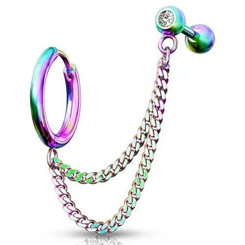 Rings Tulsa Body Jewelry Rainbow Cartilage Ring Double Chained CZ Barbell